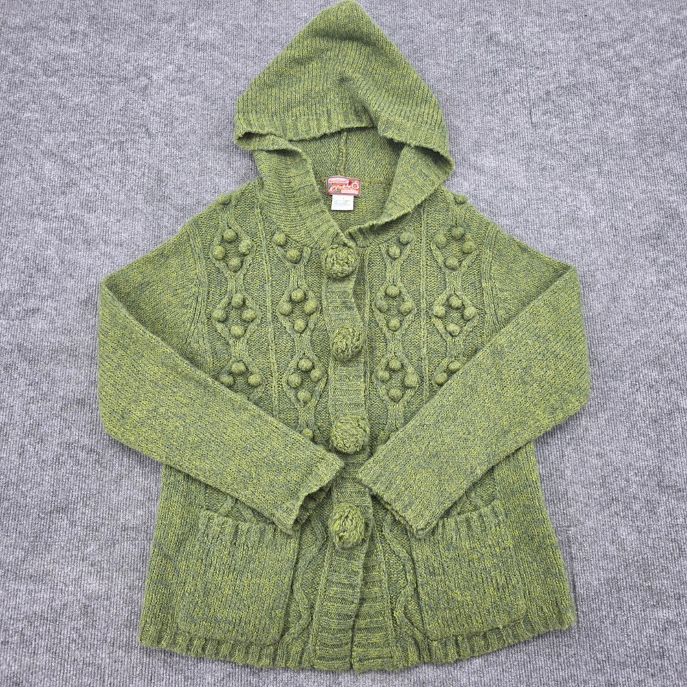 April Cornell Womens Small Green Cable Knit Bobble Pom Pom Hooded Cardigan